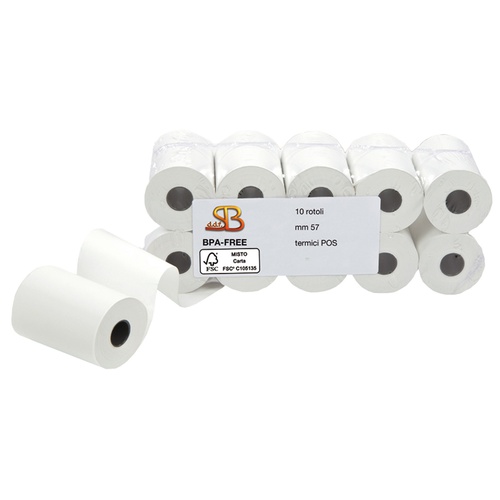 Rotolo per POS e carte di credito - 57 mm x 30 m - diametro esterno 50 mm - anima 12 mm - 55 gr - carta termica BPA free - Sabacart - blister 10 pezzi